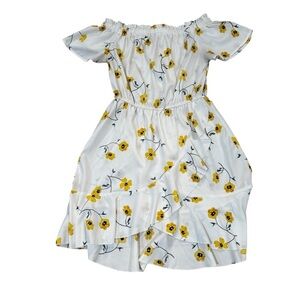 Blush white yellow & blue floral off the shoulder mini dress, faux wrap, M.
